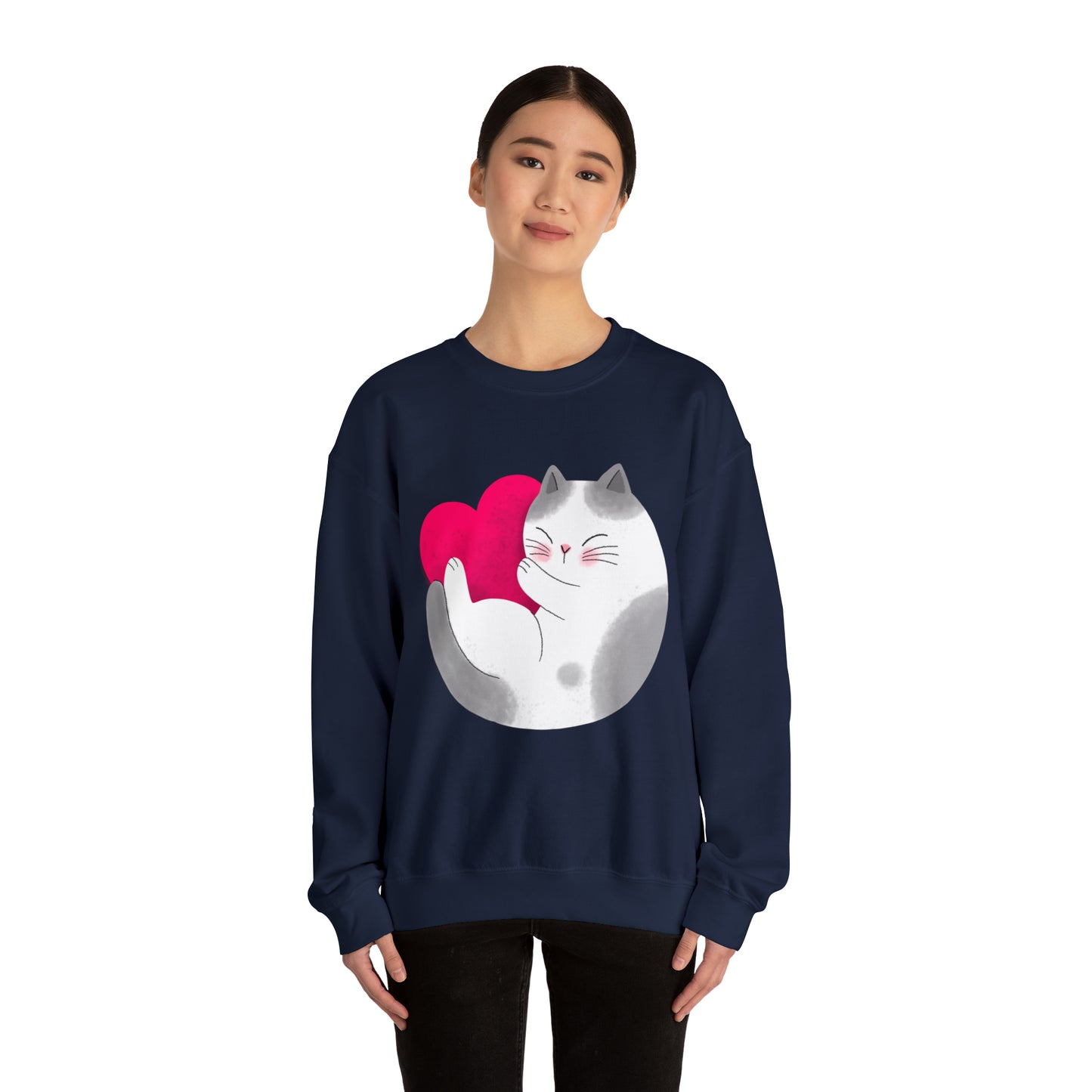 Cute moon kitty with pink heart Heavy Blend™ Crewneck Sweatshirt for Men and Women