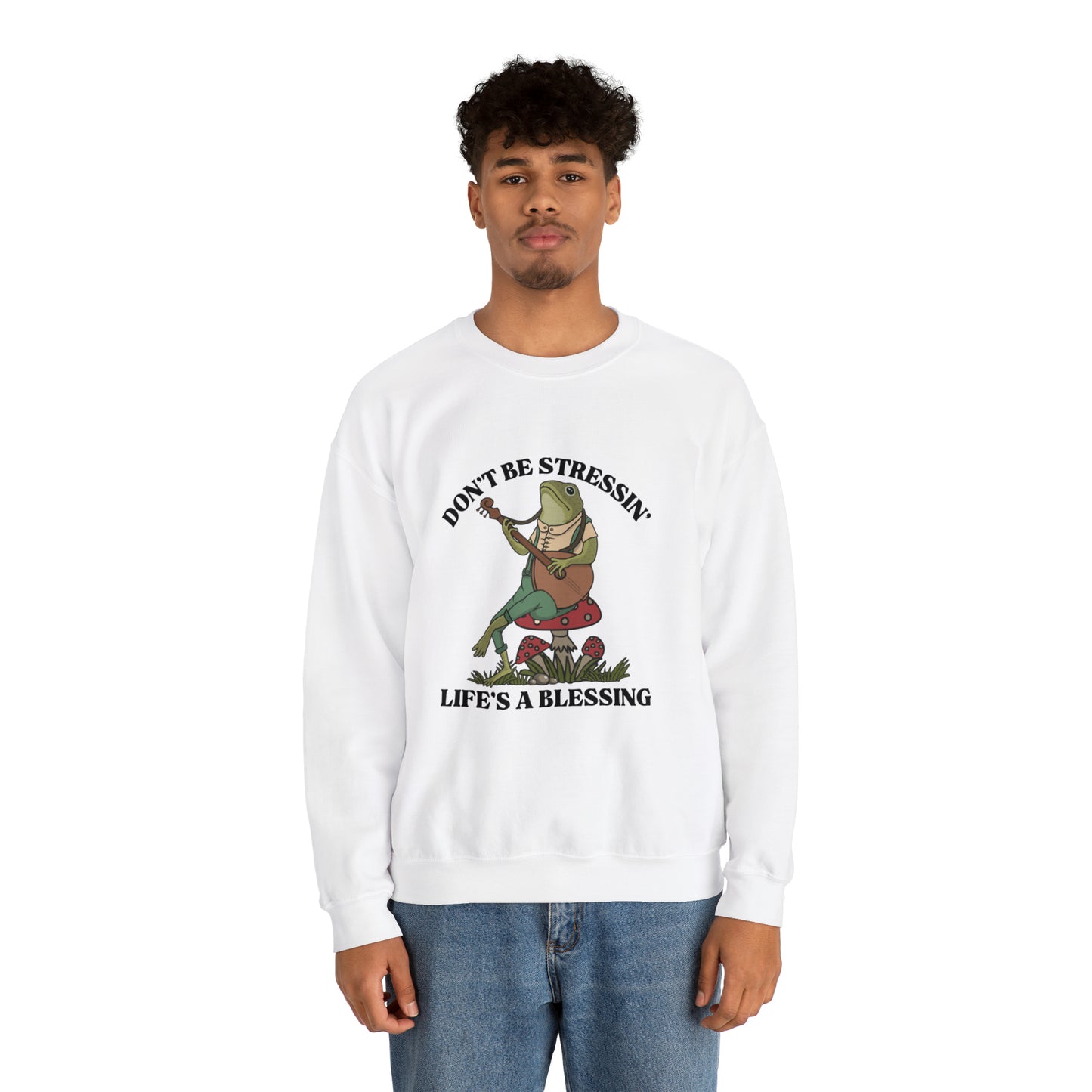 CUTE froggy don't be stressin life is blessing  Heavy Blend™ Crewneck Sweatshirt for men and women