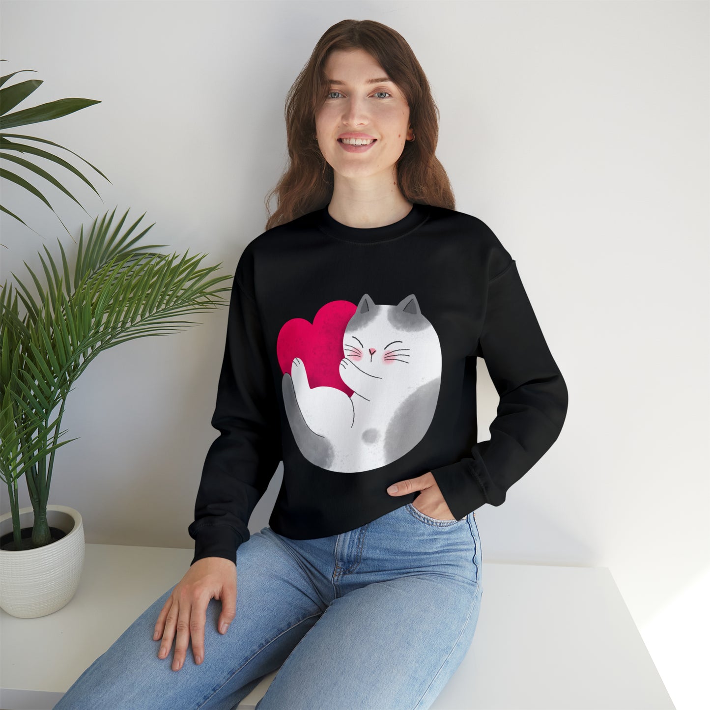 Cute moon kitty with pink heart Heavy Blend™ Crewneck Sweatshirt for Men and Women