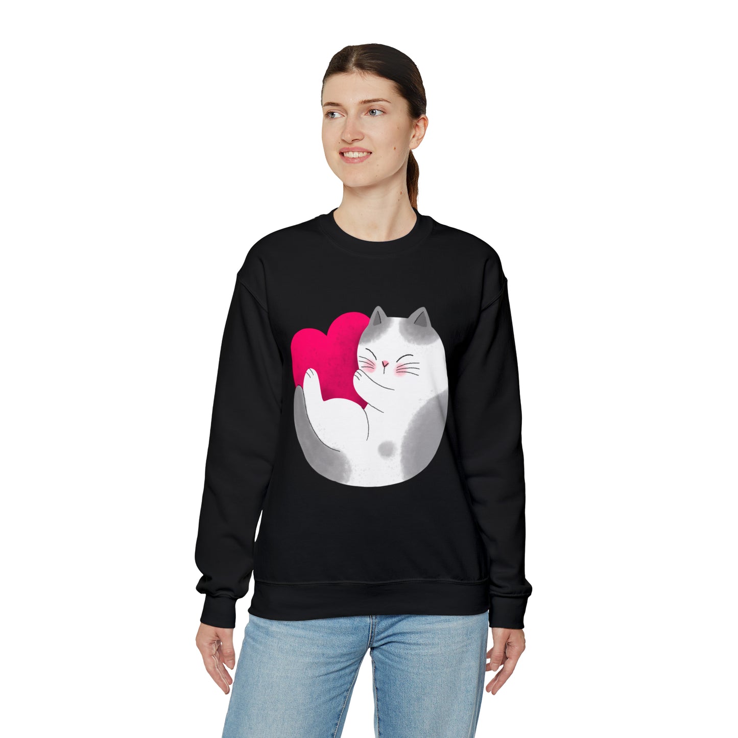 Cute moon kitty with pink heart Heavy Blend™ Crewneck Sweatshirt for Men and Women