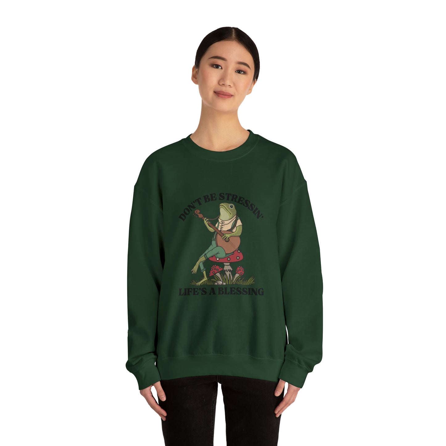 CUTE froggy don't be stressin life is blessing  Heavy Blend™ Crewneck Sweatshirt for men and women