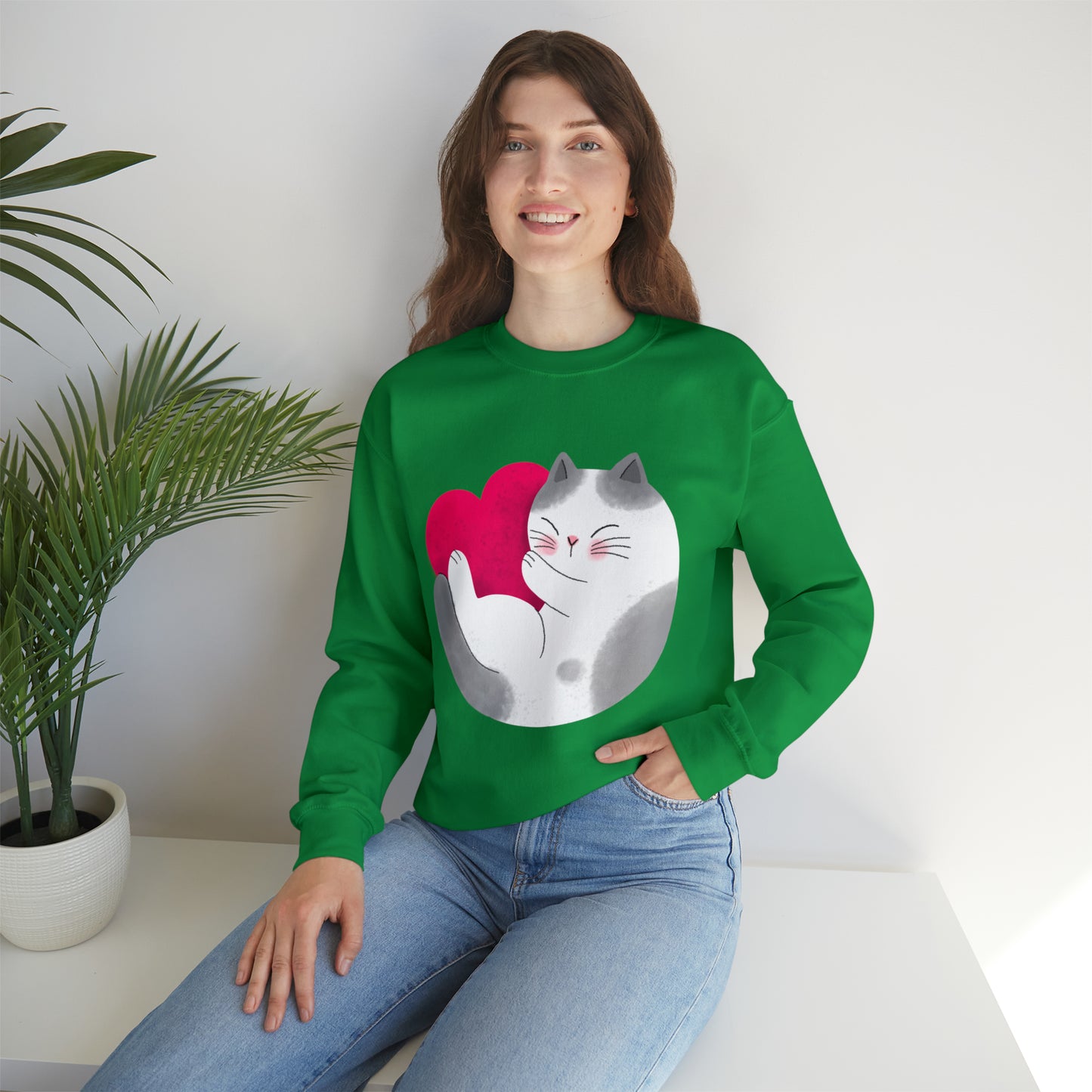 Cute moon kitty with pink heart Heavy Blend™ Crewneck Sweatshirt for Men and Women