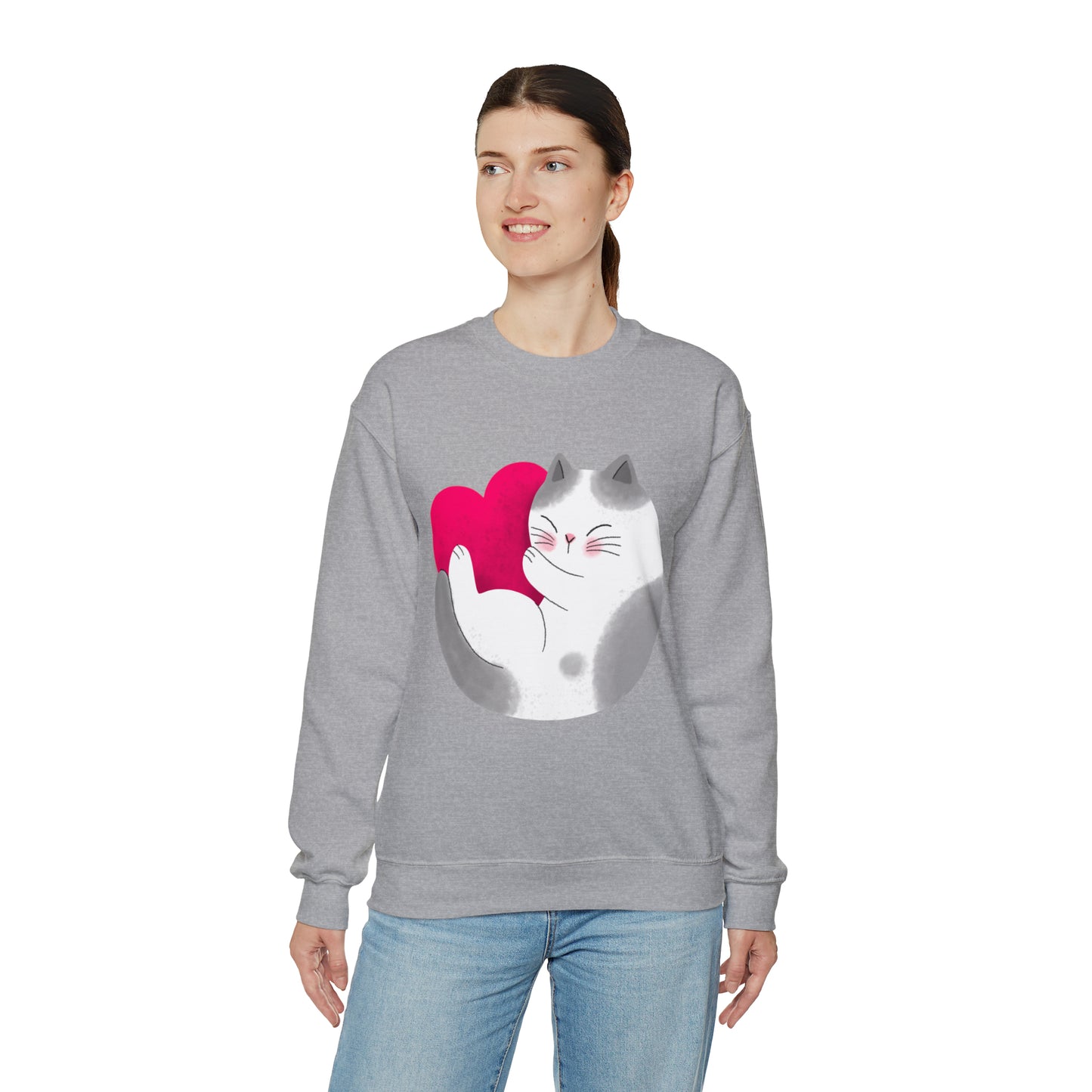 Cute moon kitty with pink heart Heavy Blend™ Crewneck Sweatshirt for Men and Women