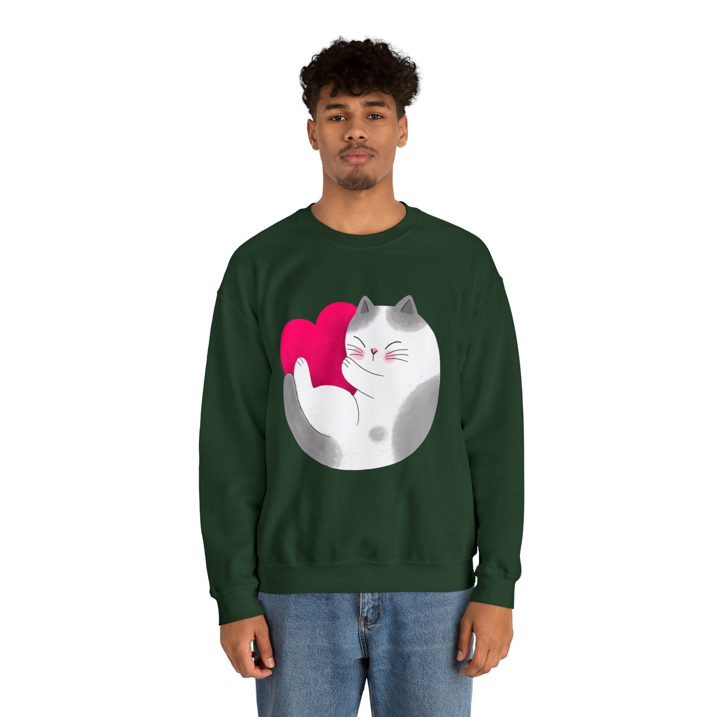 Cute moon kitty with pink heart Heavy Blend™ Crewneck Sweatshirt for Men and Women