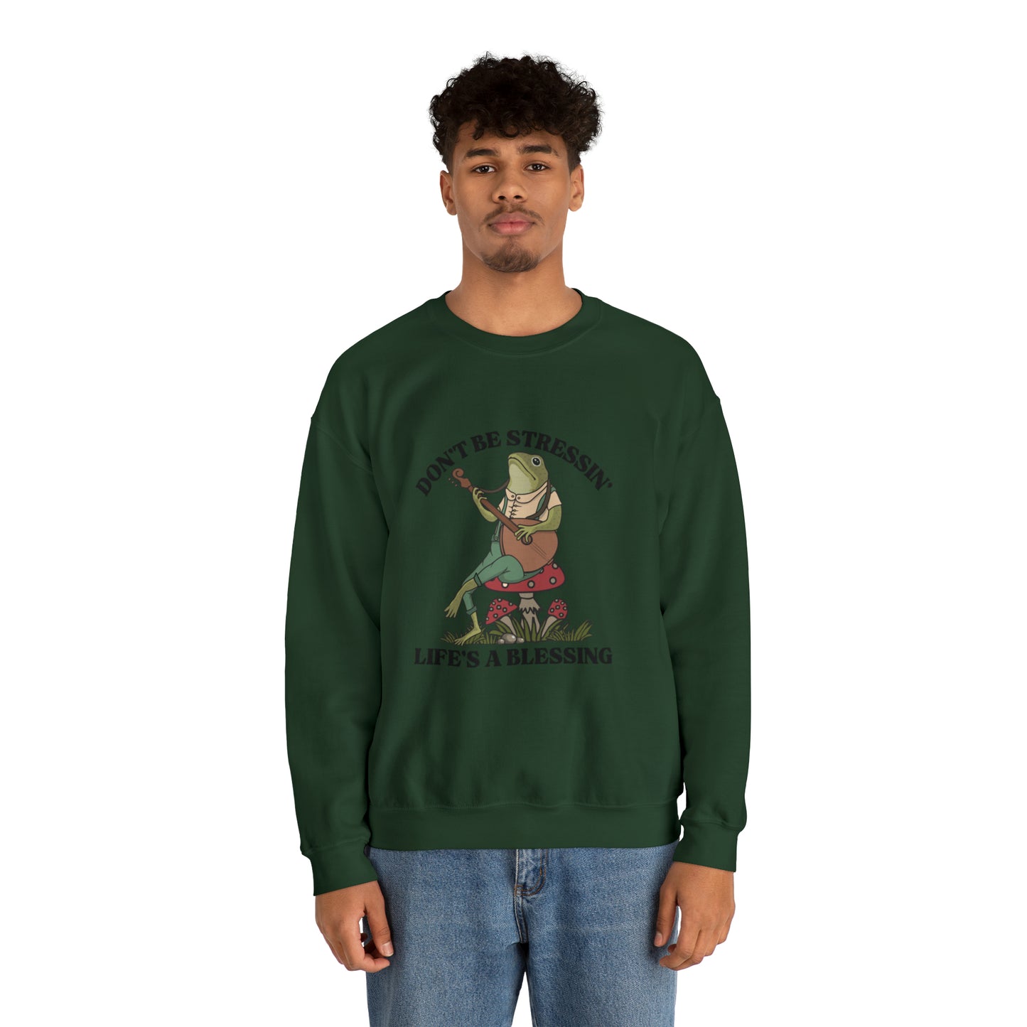 CUTE froggy don't be stressin life is blessing  Heavy Blend™ Crewneck Sweatshirt for men and women