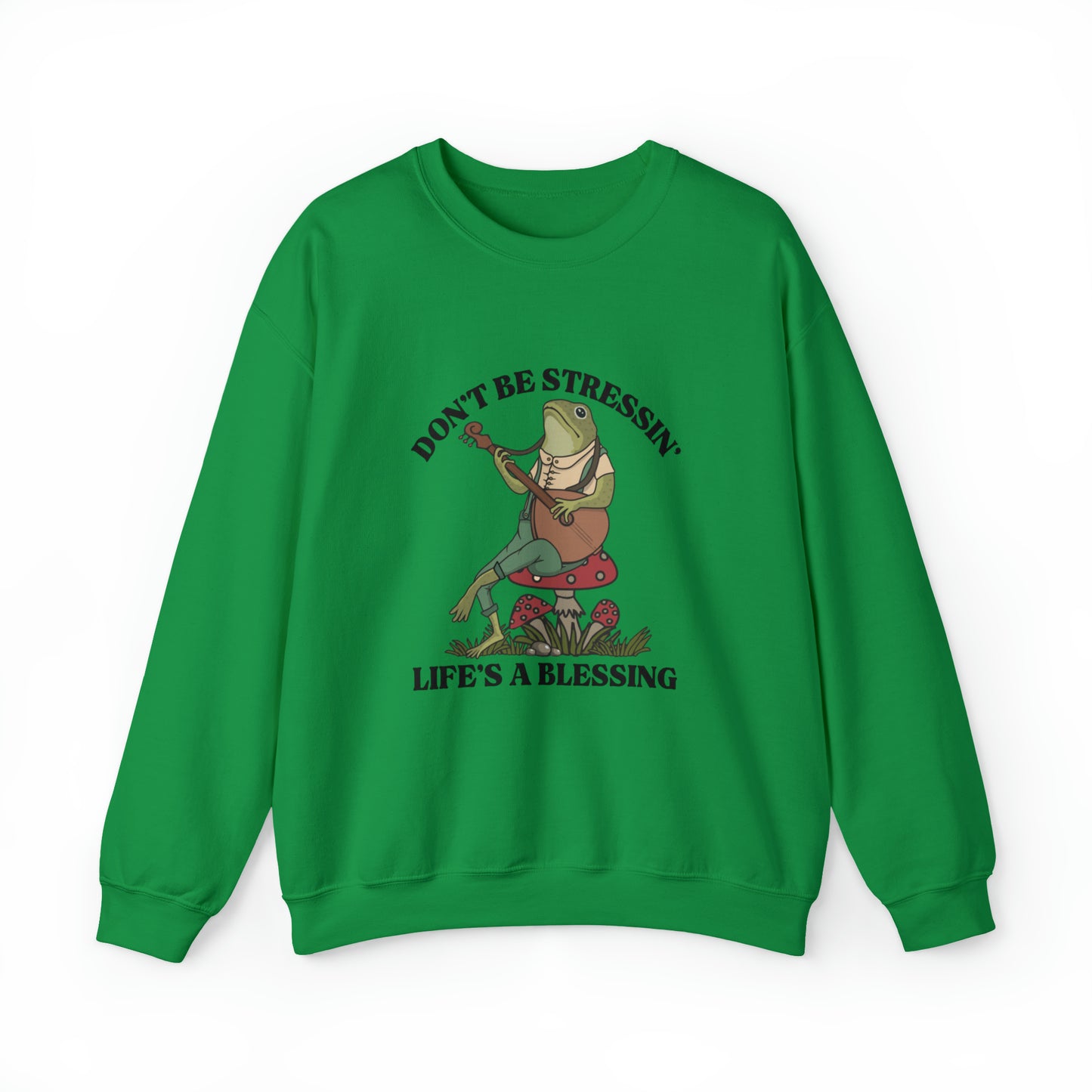 CUTE froggy don't be stressin life is blessing  Heavy Blend™ Crewneck Sweatshirt for men and women