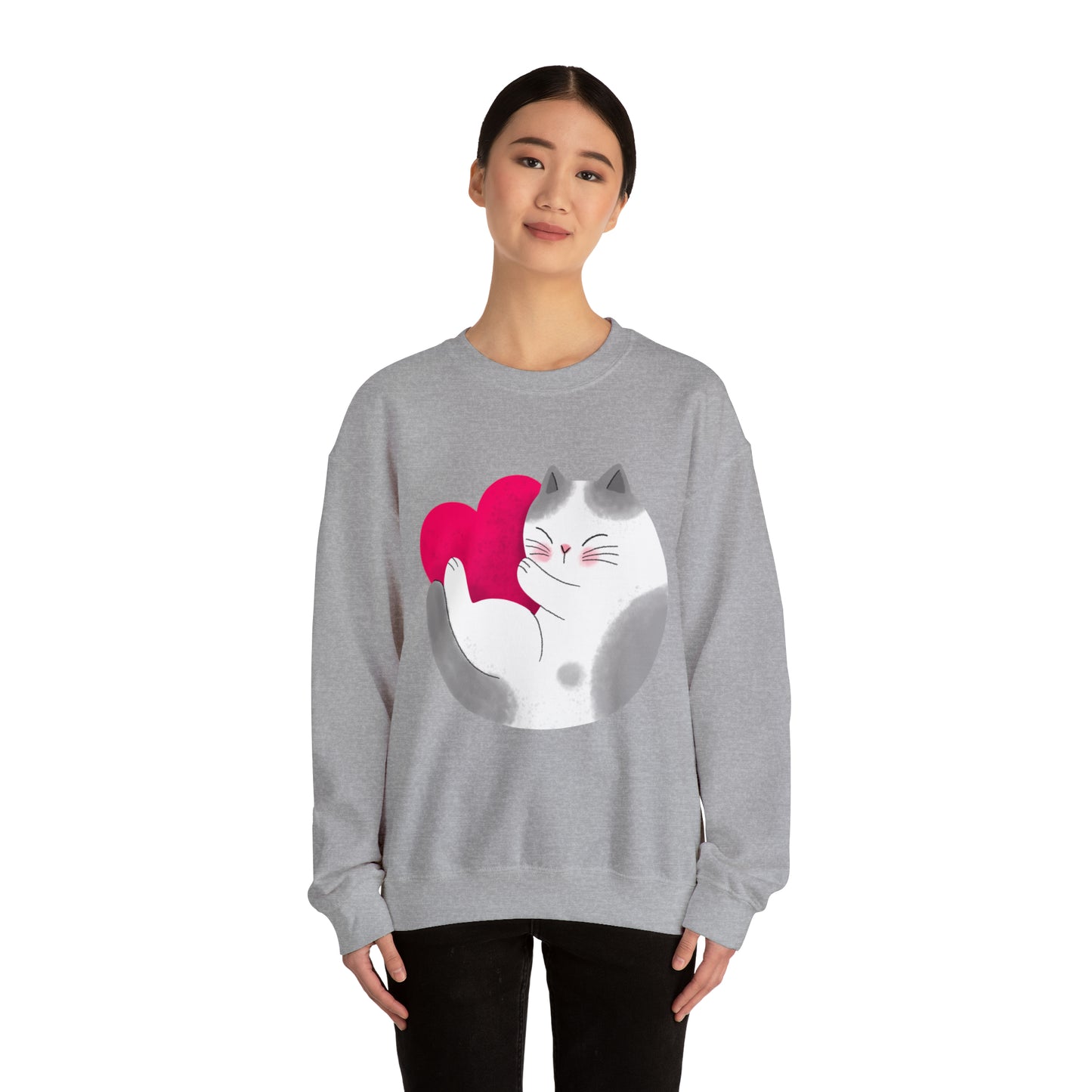 Cute moon kitty with pink heart Heavy Blend™ Crewneck Sweatshirt for Men and Women