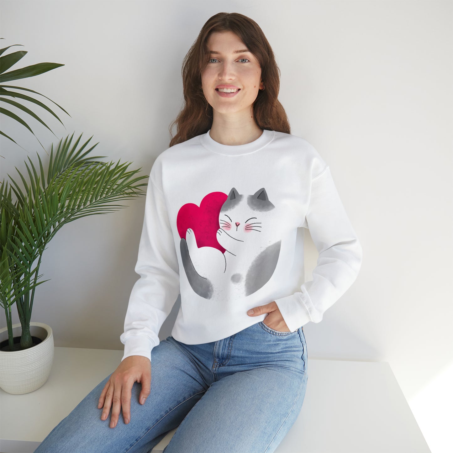 Cute moon kitty with pink heart Heavy Blend™ Crewneck Sweatshirt for Men and Women