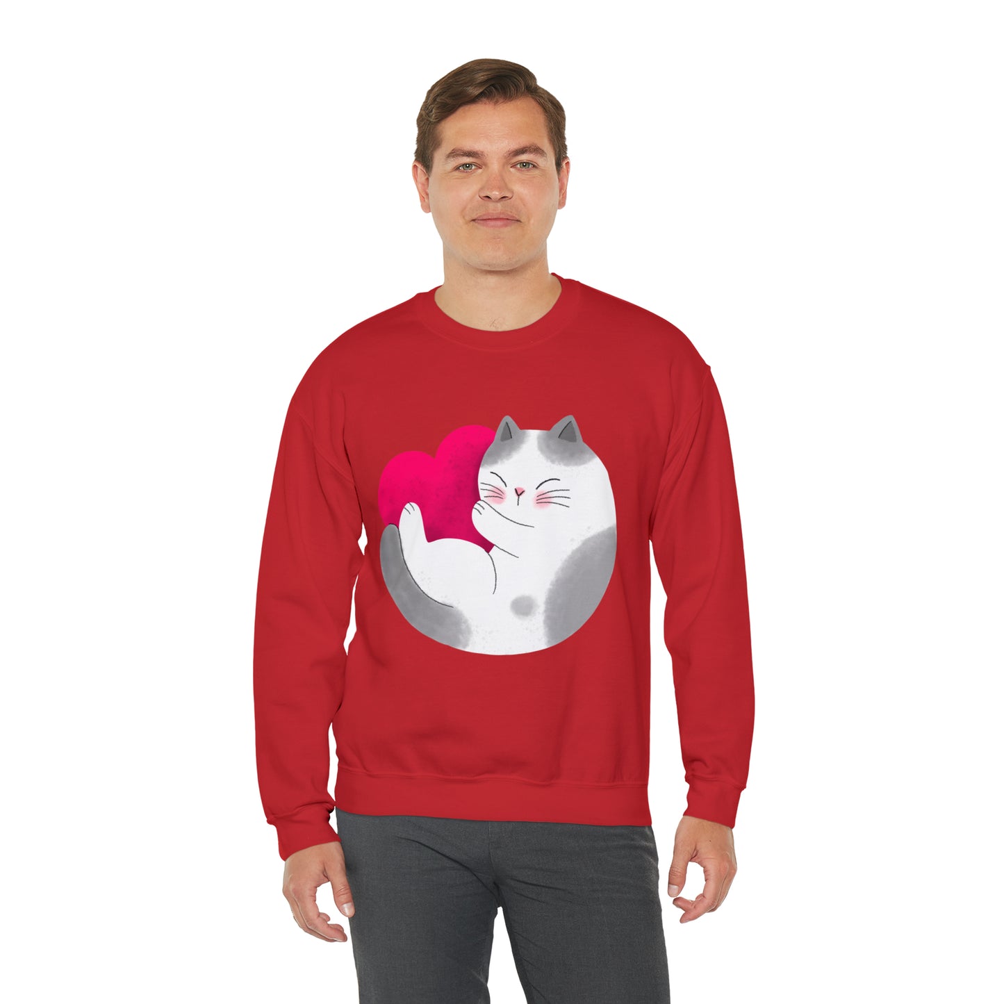 Cute moon kitty with pink heart Heavy Blend™ Crewneck Sweatshirt for Men and Women