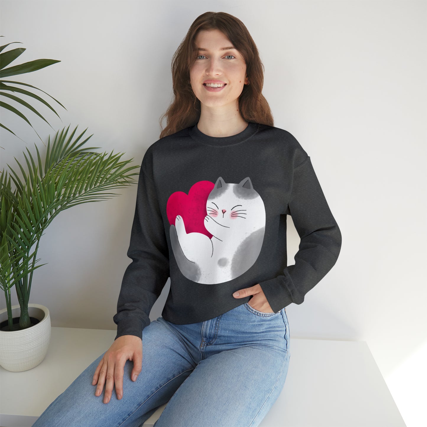 Cute moon kitty with pink heart Heavy Blend™ Crewneck Sweatshirt for Men and Women