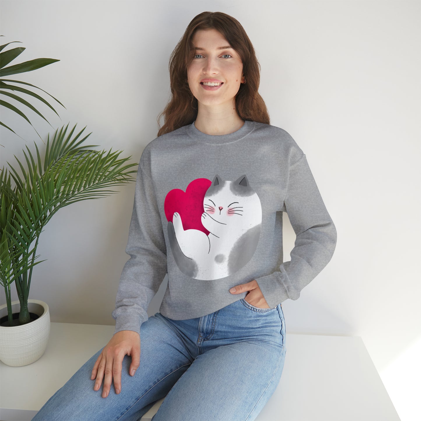 Cute moon kitty with pink heart Heavy Blend™ Crewneck Sweatshirt for Men and Women