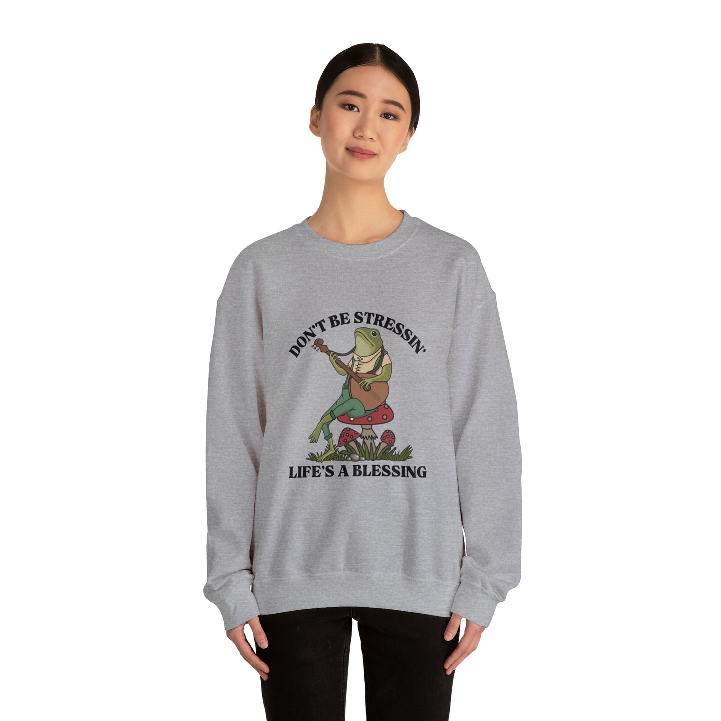 CUTE froggy don't be stressin life is blessing  Heavy Blend™ Crewneck Sweatshirt for men and women