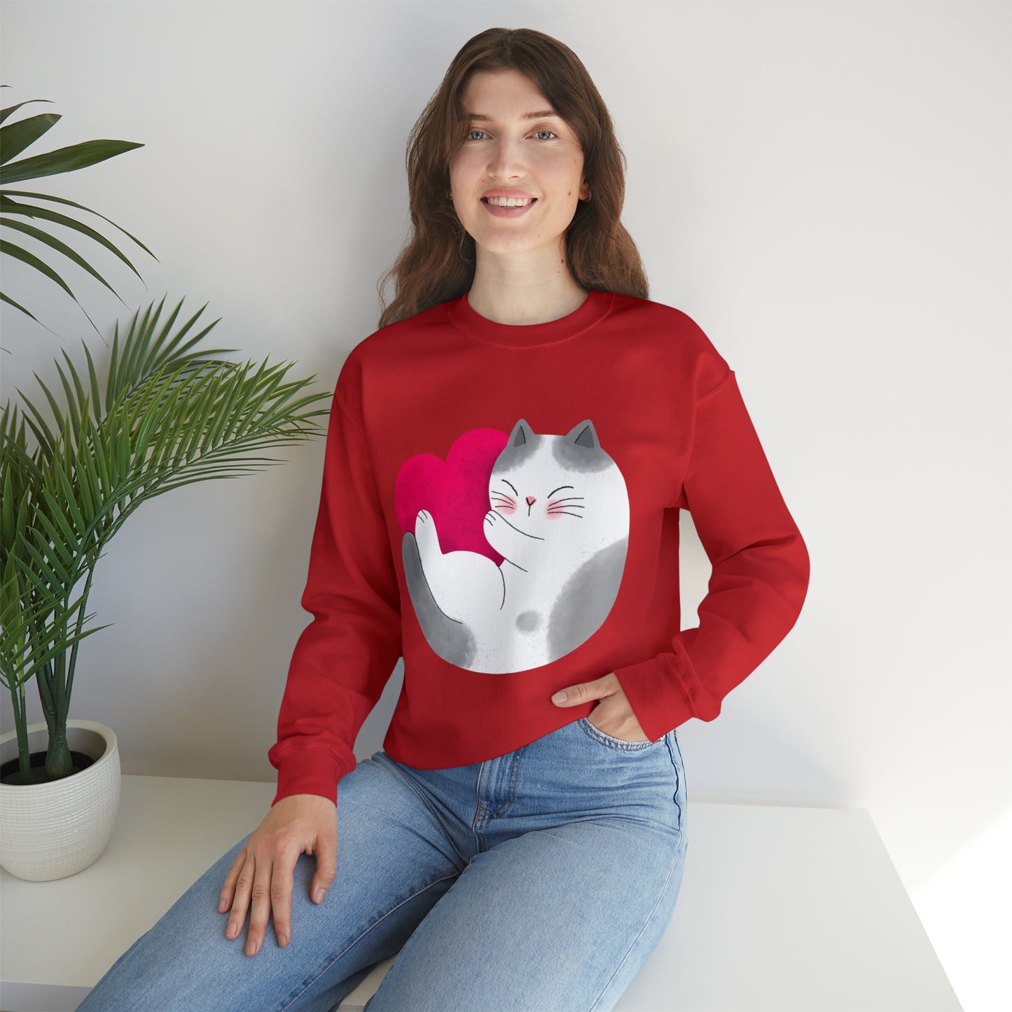 Cute moon kitty with pink heart Heavy Blend™ Crewneck Sweatshirt for Men and Women