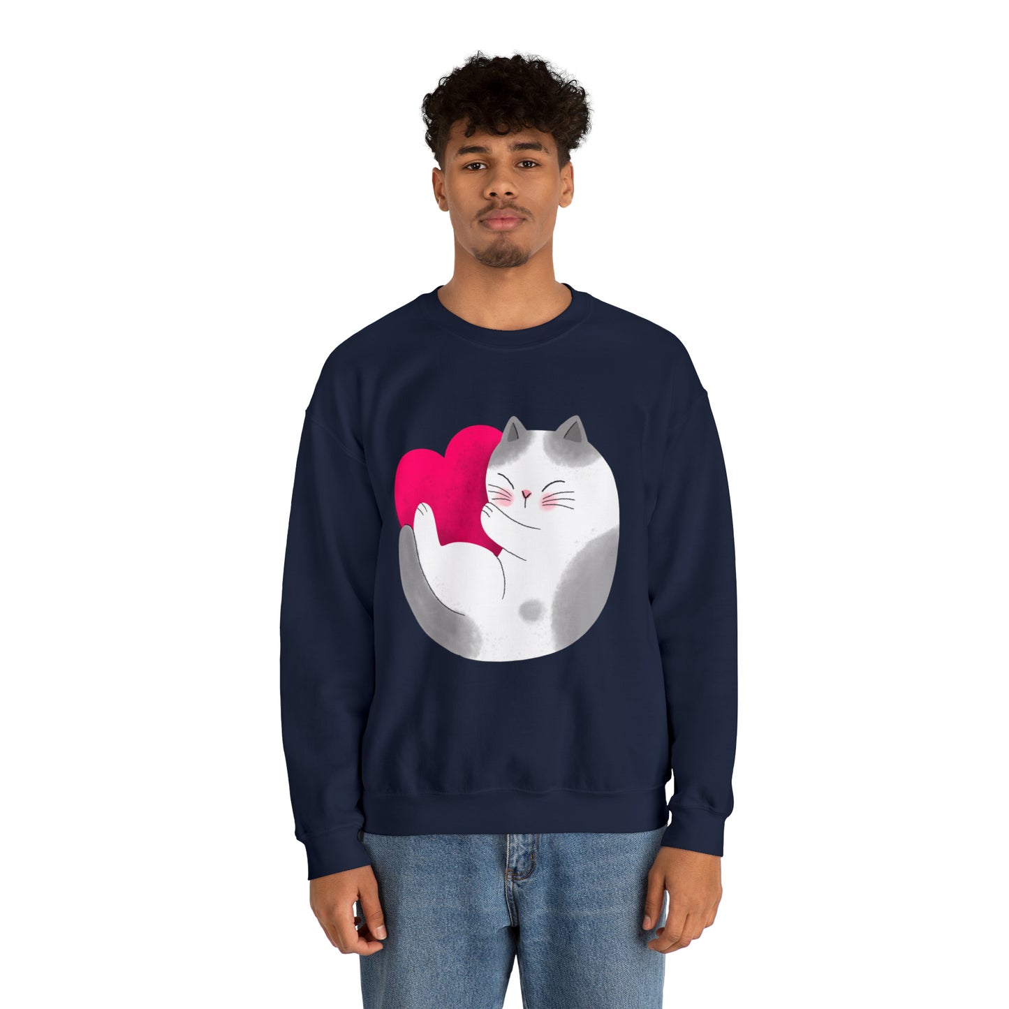 Cute moon kitty with pink heart Heavy Blend™ Crewneck Sweatshirt for Men and Women