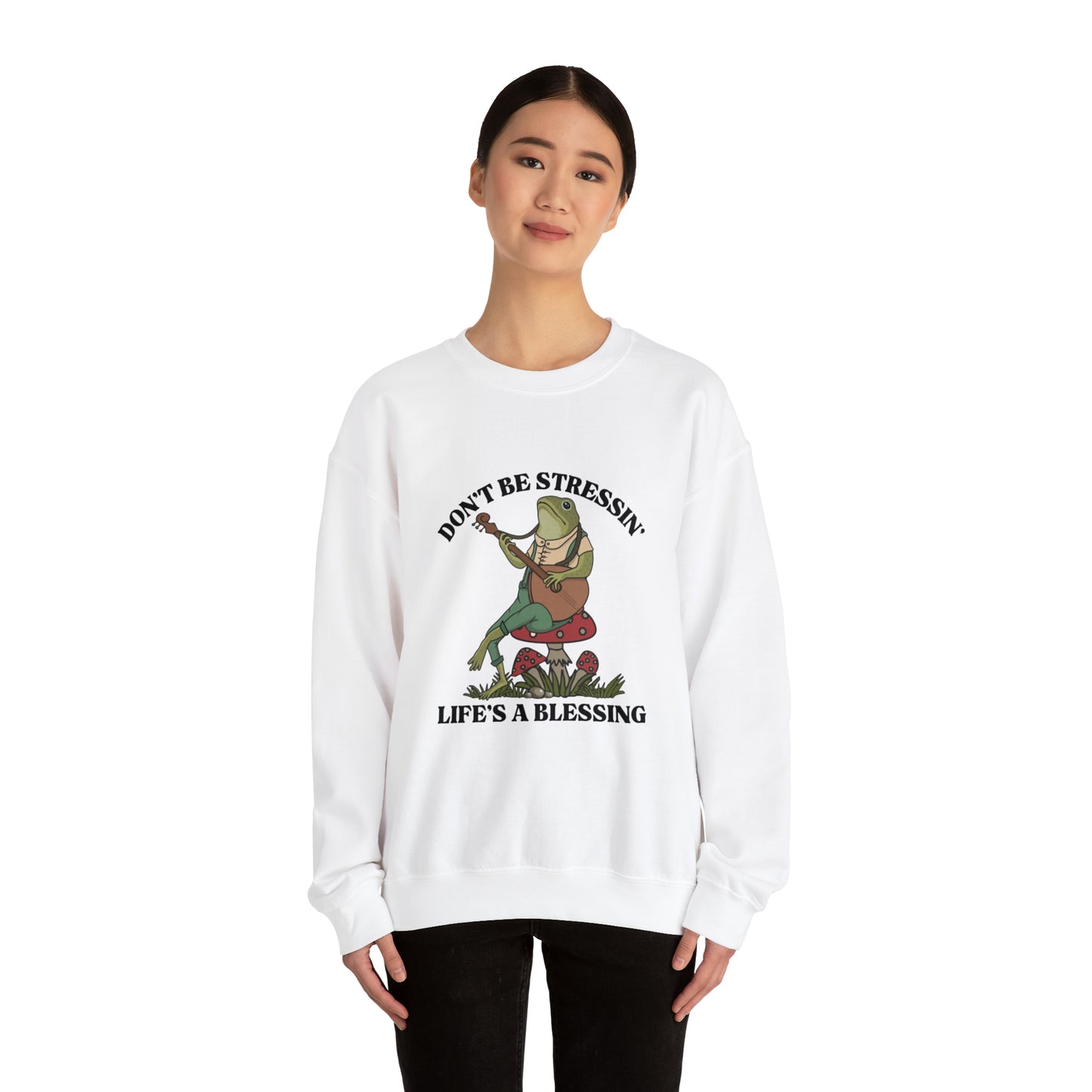 CUTE froggy don't be stressin life is blessing  Heavy Blend™ Crewneck Sweatshirt for men and women