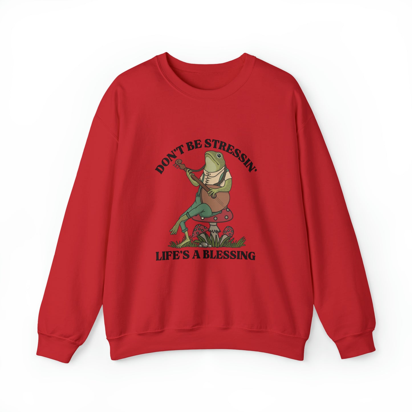 CUTE froggy don't be stressin life is blessing  Heavy Blend™ Crewneck Sweatshirt for men and women