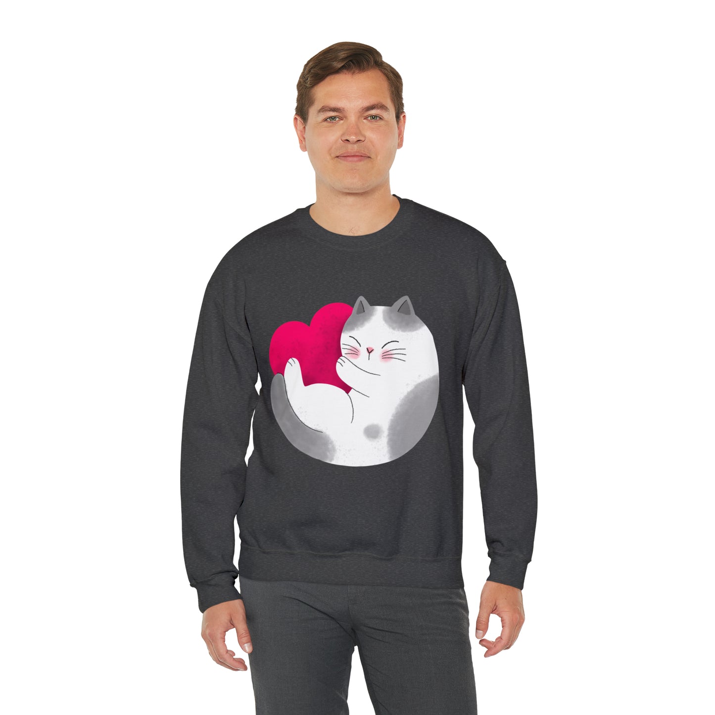 Cute moon kitty with pink heart Heavy Blend™ Crewneck Sweatshirt for Men and Women