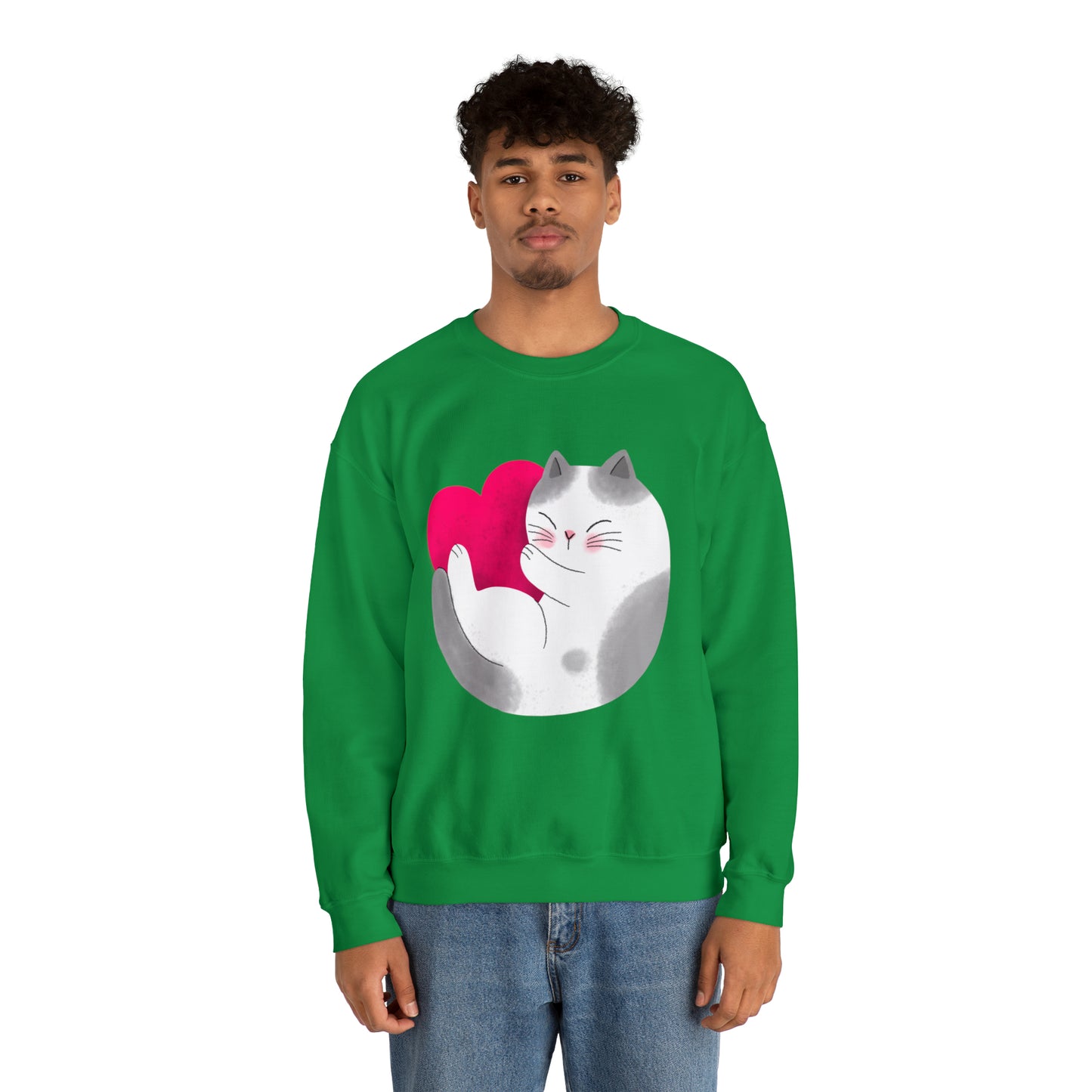 Cute moon kitty with pink heart Heavy Blend™ Crewneck Sweatshirt for Men and Women