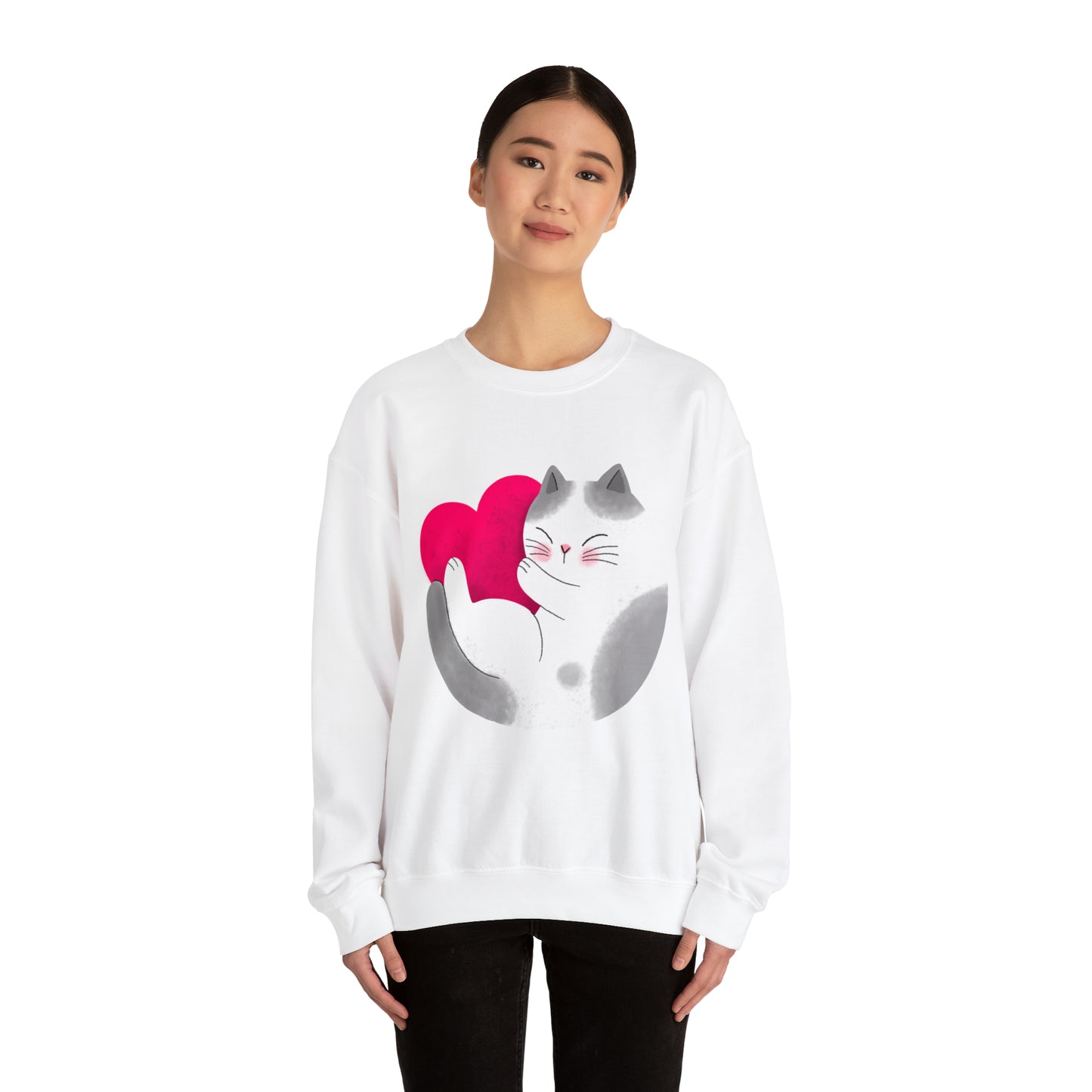 Cute moon kitty with pink heart Heavy Blend™ Crewneck Sweatshirt for Men and Women