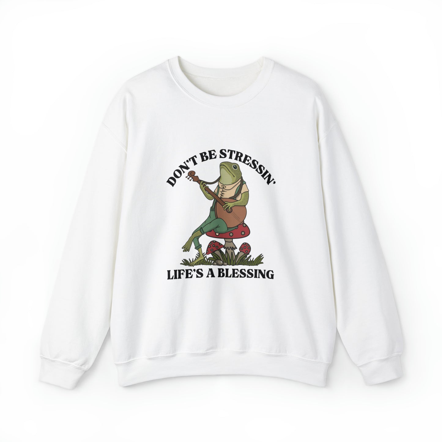 CUTE froggy don't be stressin life is blessing  Heavy Blend™ Crewneck Sweatshirt for men and women