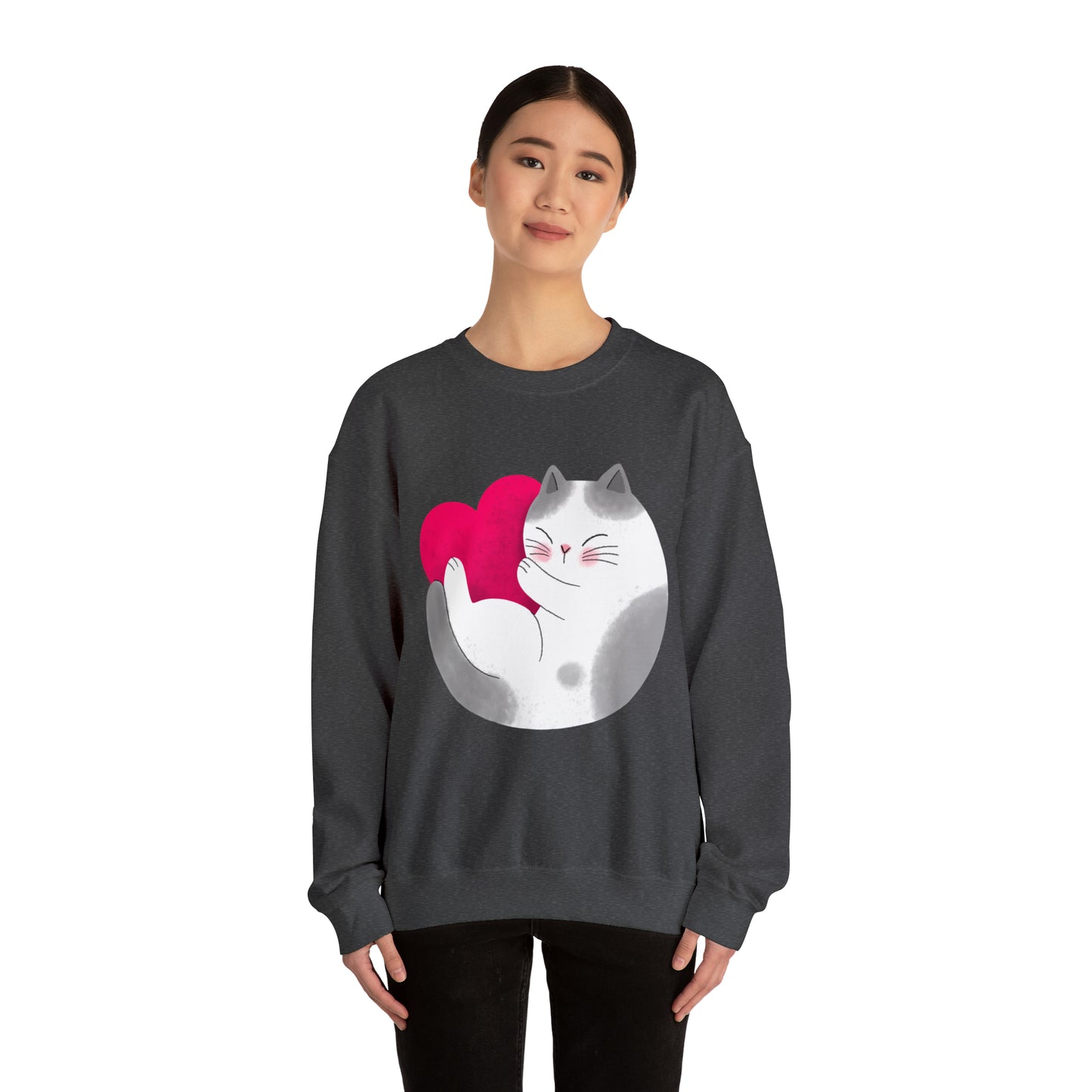 Cute moon kitty with pink heart Heavy Blend™ Crewneck Sweatshirt for Men and Women