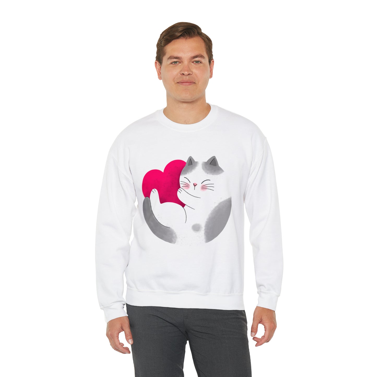 Cute moon kitty with pink heart Heavy Blend™ Crewneck Sweatshirt for Men and Women