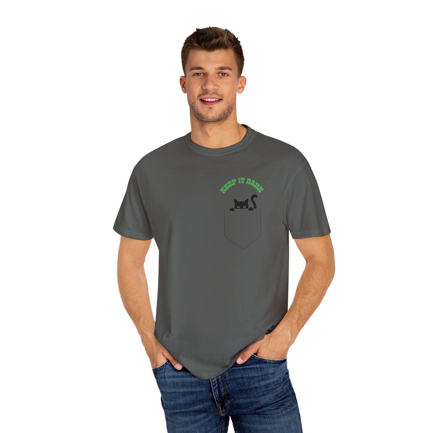 Cute Cat in pocket Keep it dark t-shirt for men and women