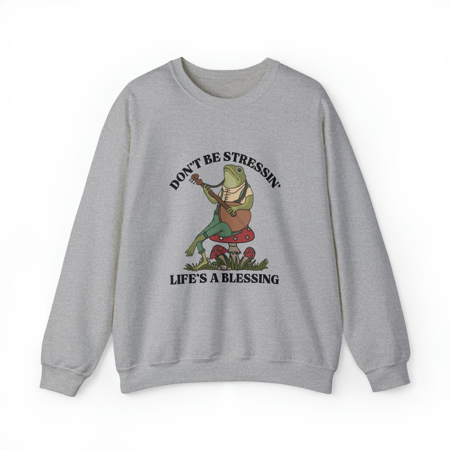 CUTE froggy don't be stressin life is blessing  Heavy Blend™ Crewneck Sweatshirt for men and women