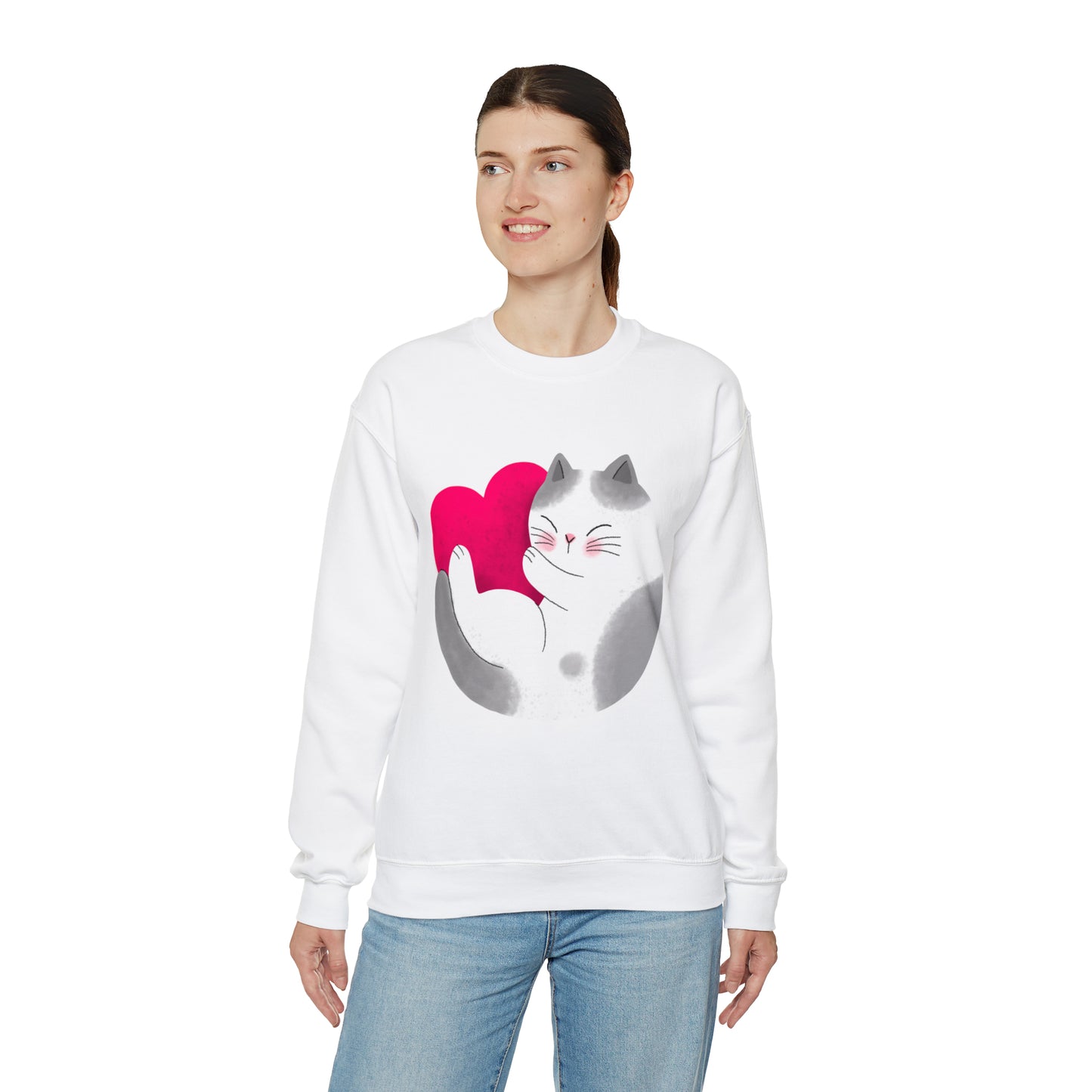 Cute moon kitty with pink heart Heavy Blend™ Crewneck Sweatshirt for Men and Women