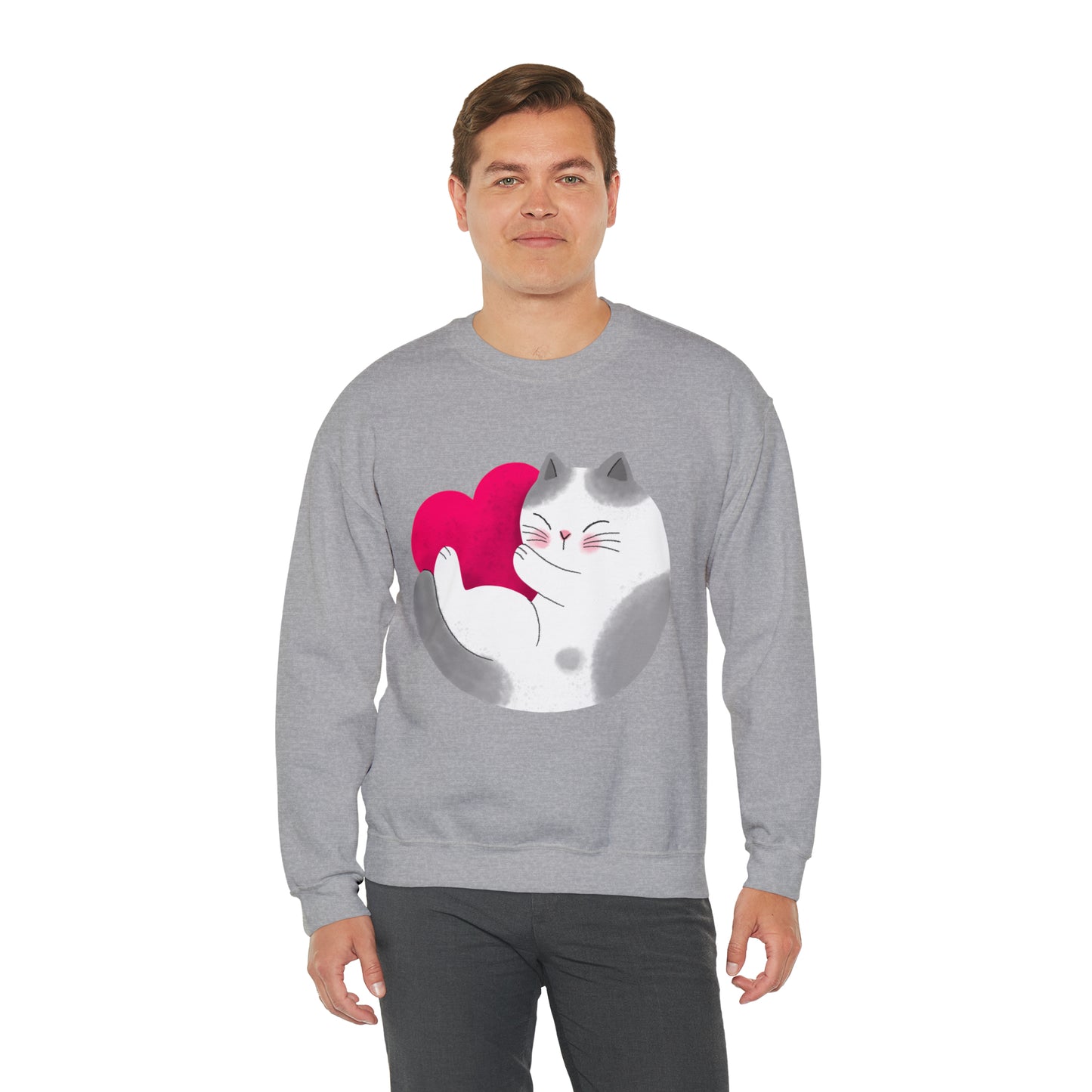 Cute moon kitty with pink heart Heavy Blend™ Crewneck Sweatshirt for Men and Women