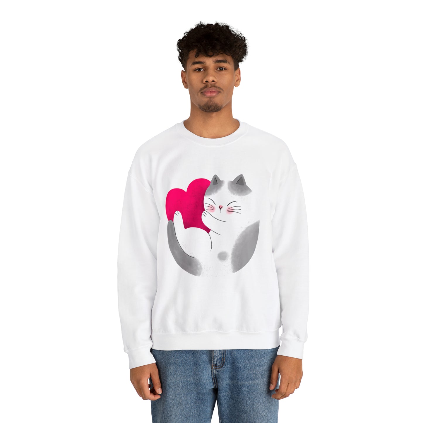 Cute moon kitty with pink heart Heavy Blend™ Crewneck Sweatshirt for Men and Women