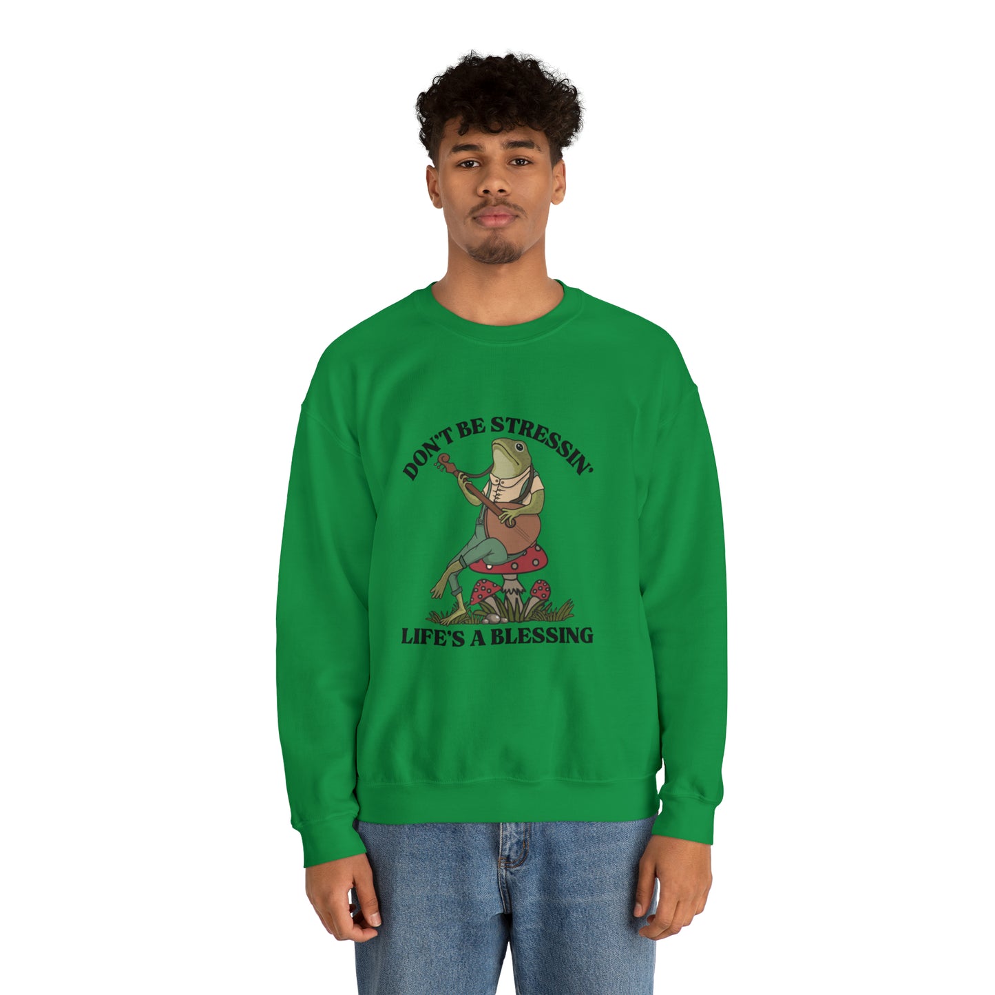 CUTE froggy don't be stressin life is blessing  Heavy Blend™ Crewneck Sweatshirt for men and women