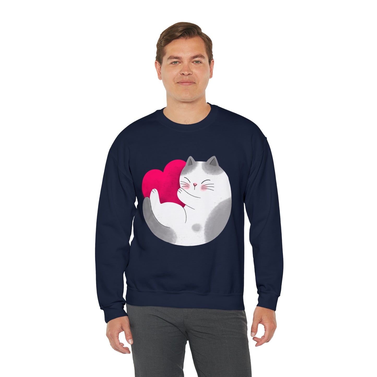 Cute moon kitty with pink heart Heavy Blend™ Crewneck Sweatshirt for Men and Women