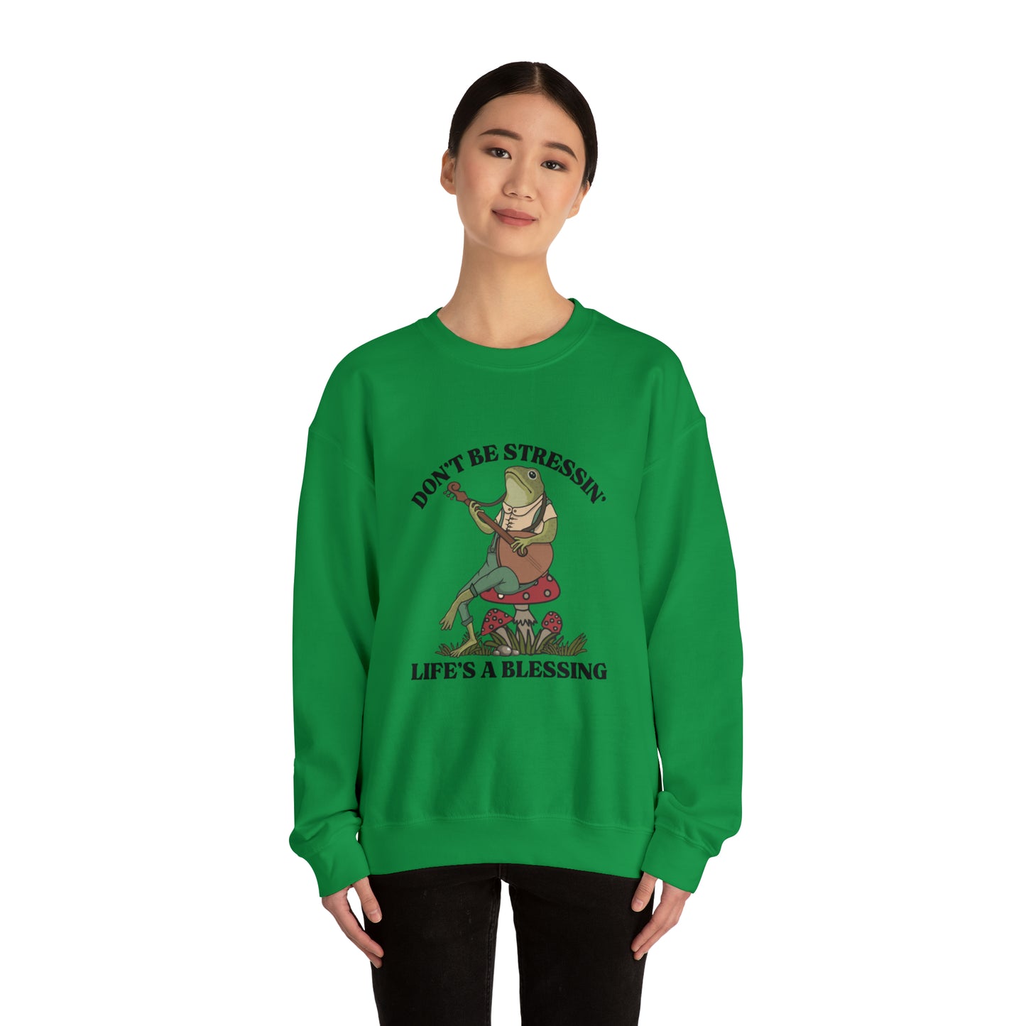 CUTE froggy don't be stressin life is blessing  Heavy Blend™ Crewneck Sweatshirt for men and women