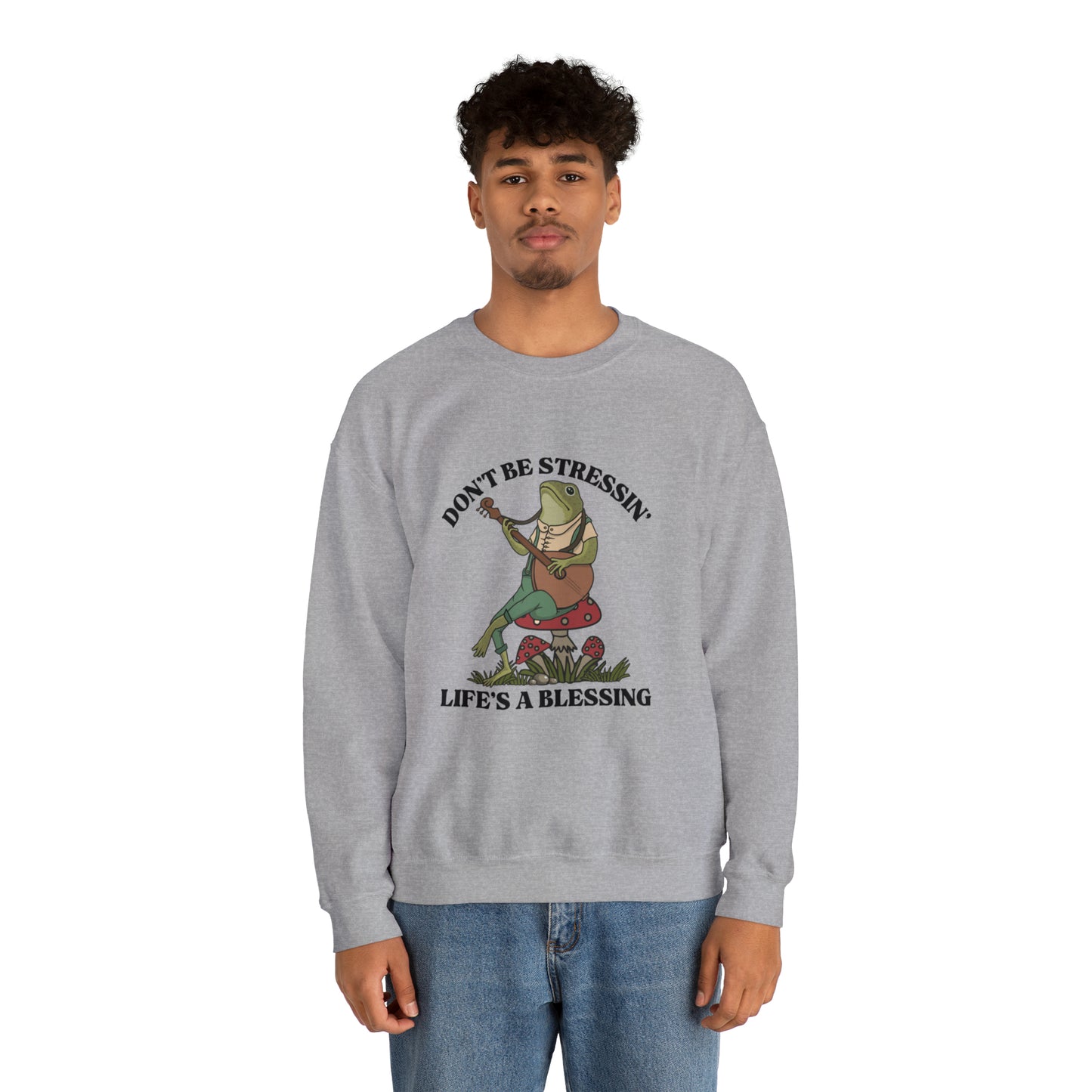 CUTE froggy don't be stressin life is blessing  Heavy Blend™ Crewneck Sweatshirt for men and women