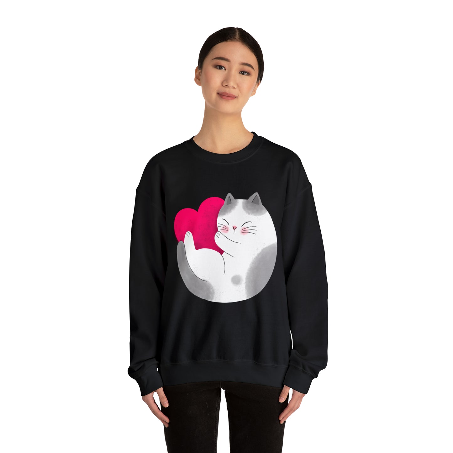 Cute moon kitty with pink heart Heavy Blend™ Crewneck Sweatshirt for Men and Women