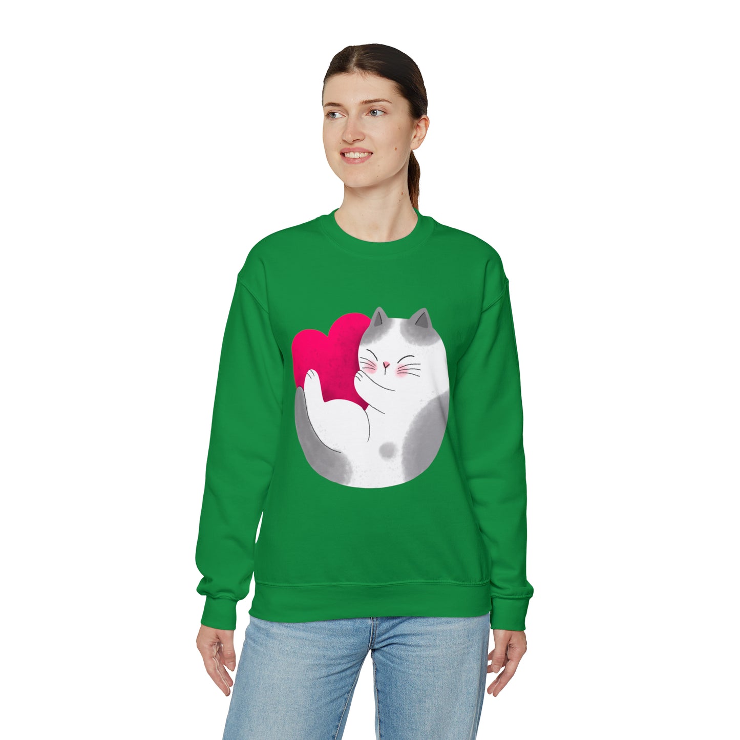 Cute moon kitty with pink heart Heavy Blend™ Crewneck Sweatshirt for Men and Women