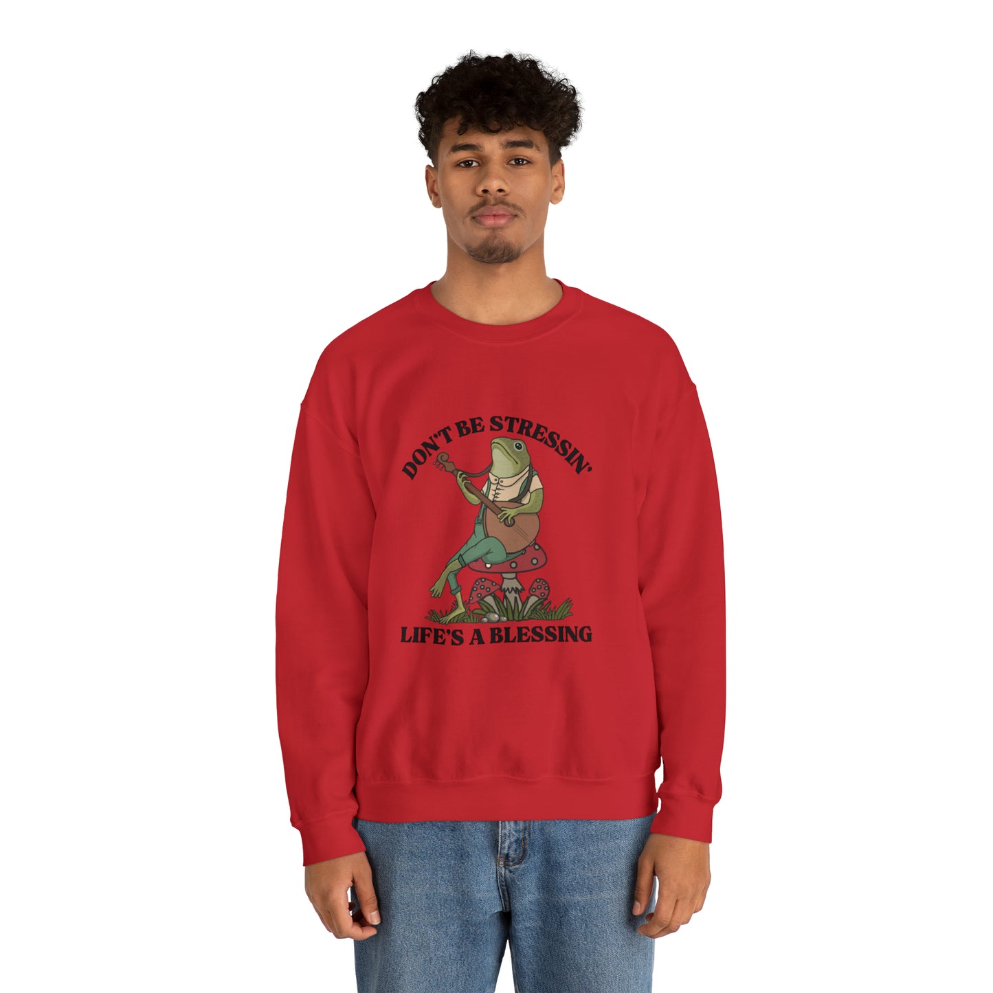 CUTE froggy don't be stressin life is blessing  Heavy Blend™ Crewneck Sweatshirt for men and women