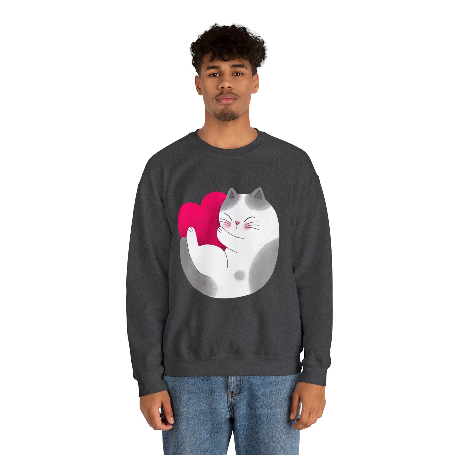 Cute moon kitty with pink heart Heavy Blend™ Crewneck Sweatshirt for Men and Women