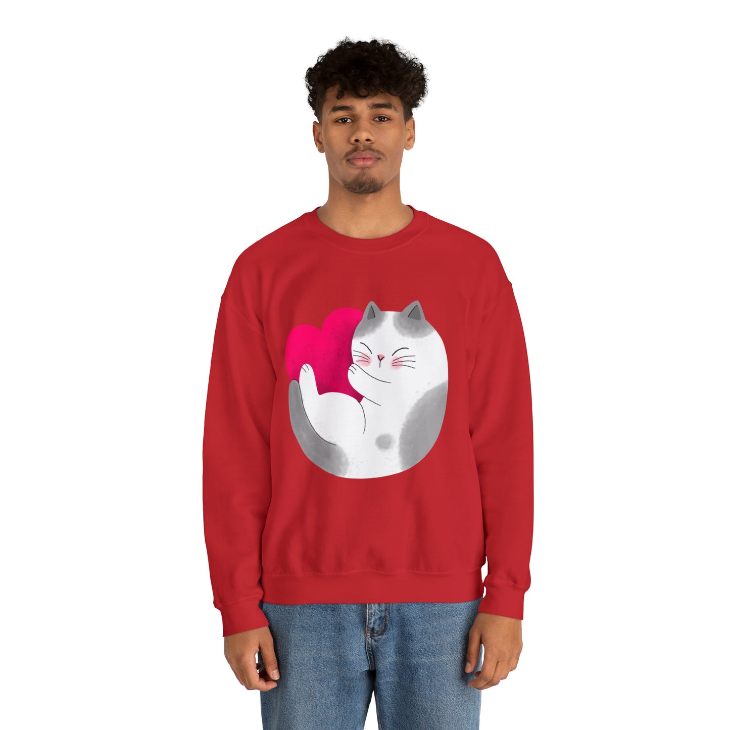 Cute moon kitty with pink heart Heavy Blend™ Crewneck Sweatshirt for Men and Women