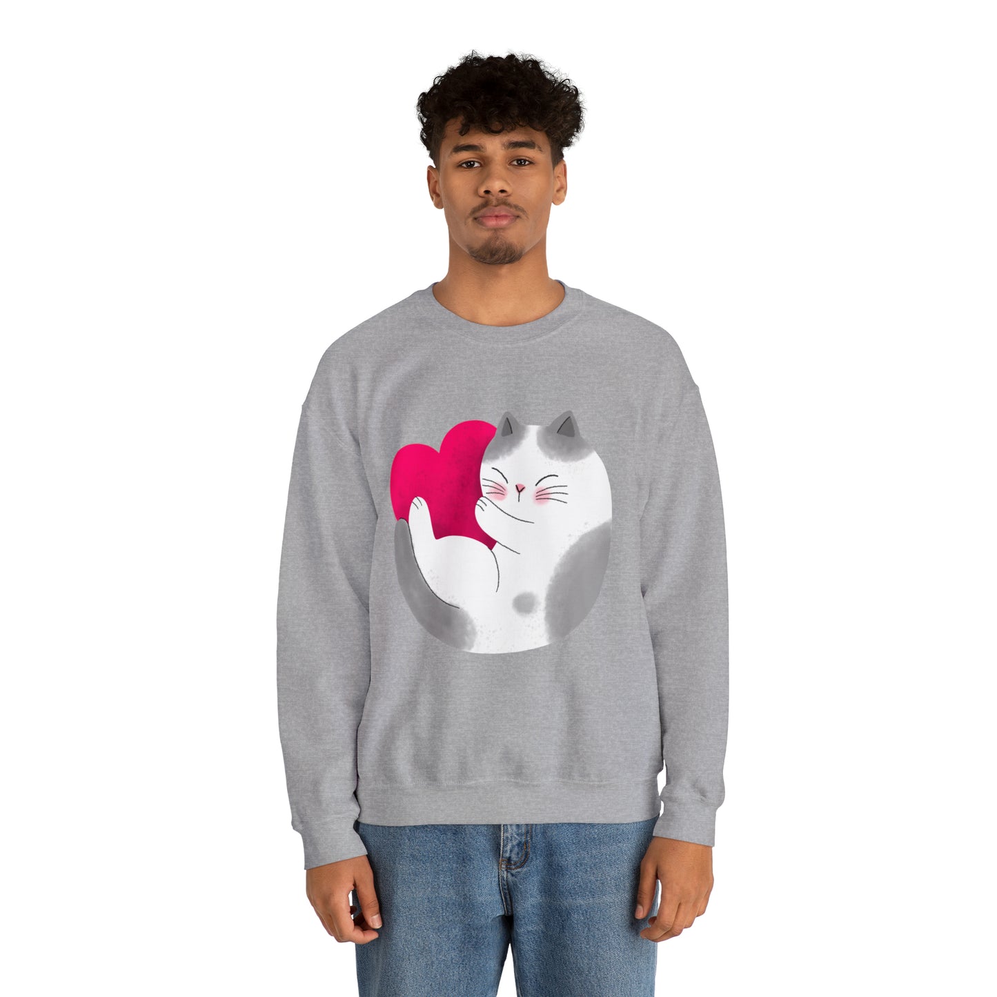 Cute moon kitty with pink heart Heavy Blend™ Crewneck Sweatshirt for Men and Women