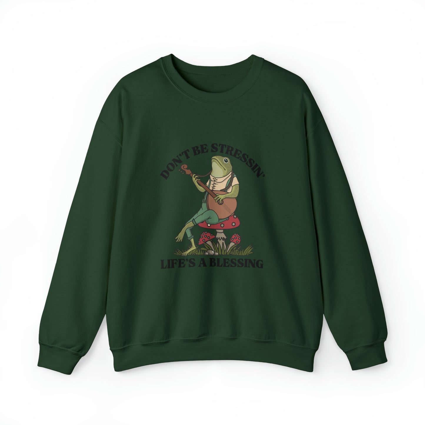 CUTE froggy don't be stressin life is blessing  Heavy Blend™ Crewneck Sweatshirt for men and women