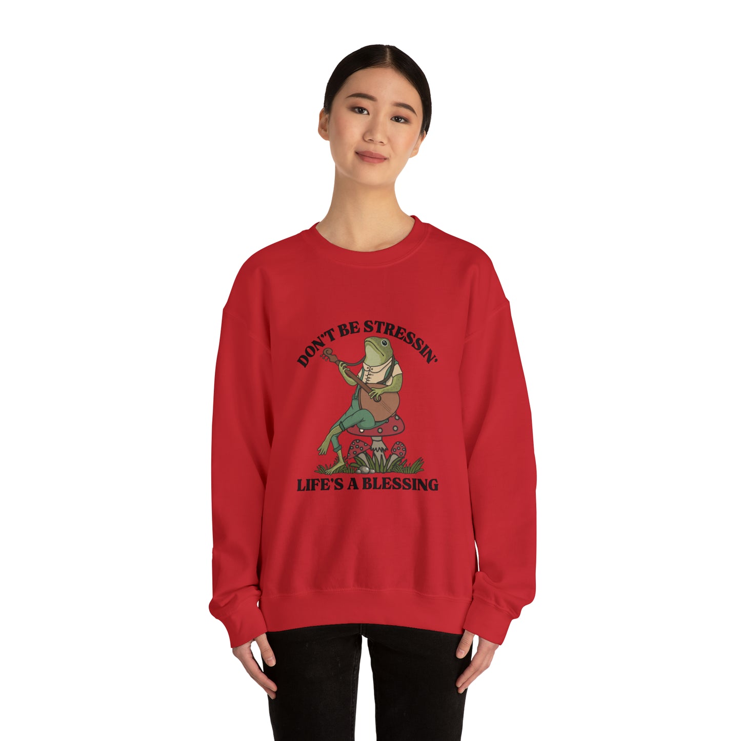 CUTE froggy don't be stressin life is blessing  Heavy Blend™ Crewneck Sweatshirt for men and women